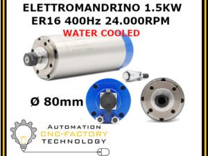 Elettromandrino Brushless H2O 1500W 24.000 RPM ER16 TONDO DIAM. 80 RAFFREDDAMENTO AD ACQUA